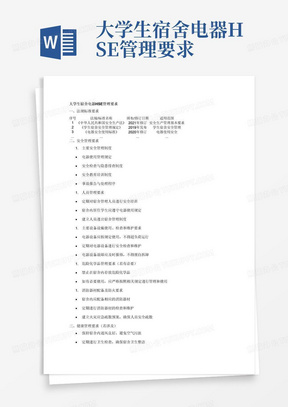 大学生宿舍电器HSE管理要求
1法规标准要求（可以表格形式列出适合辨识场所HSE风险管控的法规标准，注意法规标准的时效性，可以在“工标网”确定）2）安全管理要求（包括但不仅限于：）
（1）主要安全管理制度（列出应建立实施的安全管理制度）（2）人员管理要求
（3）主要设备设施使用、检查和维护要求（若有必要）（3）危险化学品管理要求（若有必要）（4）消防器材配备及防火要求
3）健康管理要求（若涉及）
4）环境管理要求（若涉及）
5）应急管理要求
（1）应急预案体系设计（综合预案、专项预案、现场处置