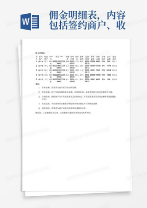 佣金明细表，内容包括签约商户、收款账户、开户行、银行卡号、消费者、签单日期、业务员、服务老师、发放时间、签单金额、实收金额、分佣比例、实际返款、成交项目