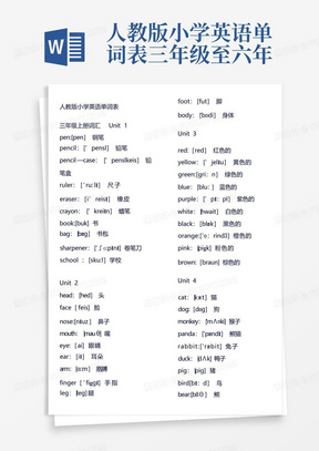 人教版小学英语单词表三年级至六年级--A4纸张打印