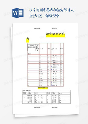 汉字笔画名称表和偏旁部首大全(大全)一年级汉字