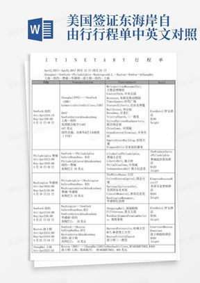 美国签证东海岸自由行行程单中英文对照