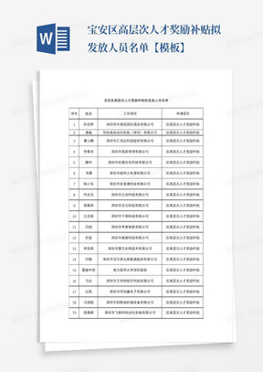 宝安区高层次人才奖励补贴拟发放人员名单【模板】