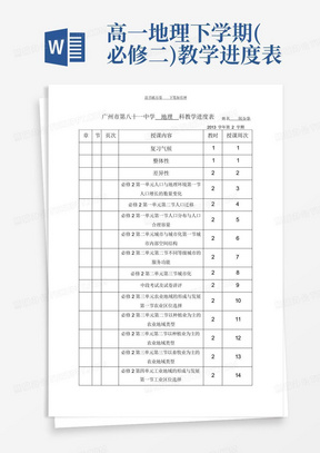 高一地理下学期(必修二)教学进度表