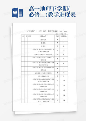 高一地理下学期(必修二)教学进度表