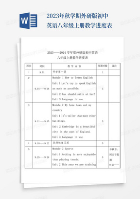 2023年秋学期外研版初中英语八年级上册教学进度表