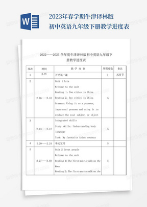 2023年春学期牛津译林版初中英语九年级下册教学进度表