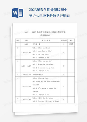 2023年春学期外研版初中英语七年级下册教学进度表