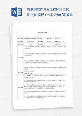 物联网软件开发工程师岗位说明书JD模板工作职责和任职要求