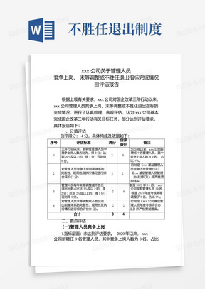 xxx公司关于管理人员竞争上岗、末等调整或不胜任退出指标完成情况自评估报告