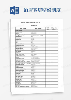 酒店客房物品赔偿价目表(1)