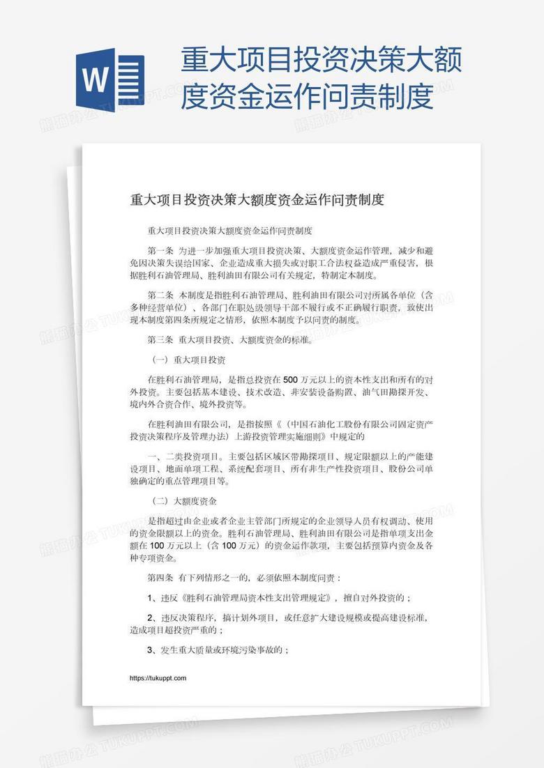 重大项目投资决策大额度资金运作问责制度