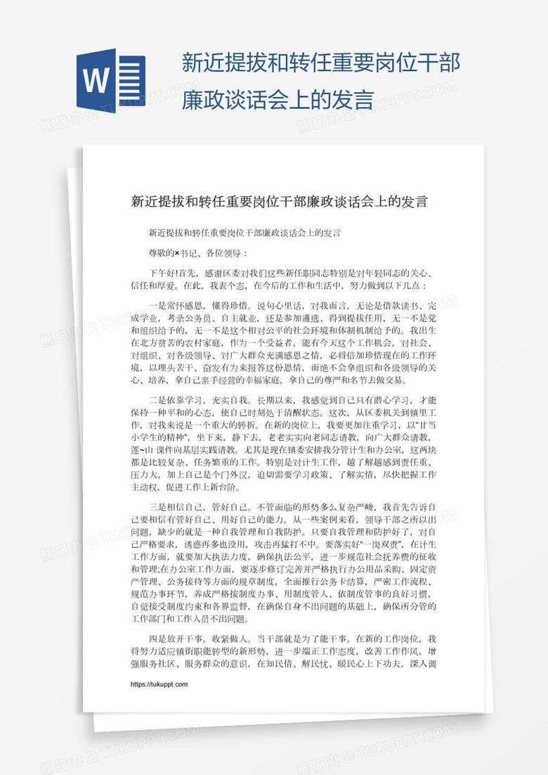 新近提拔和转任重要岗位干部廉政谈话会上的发言