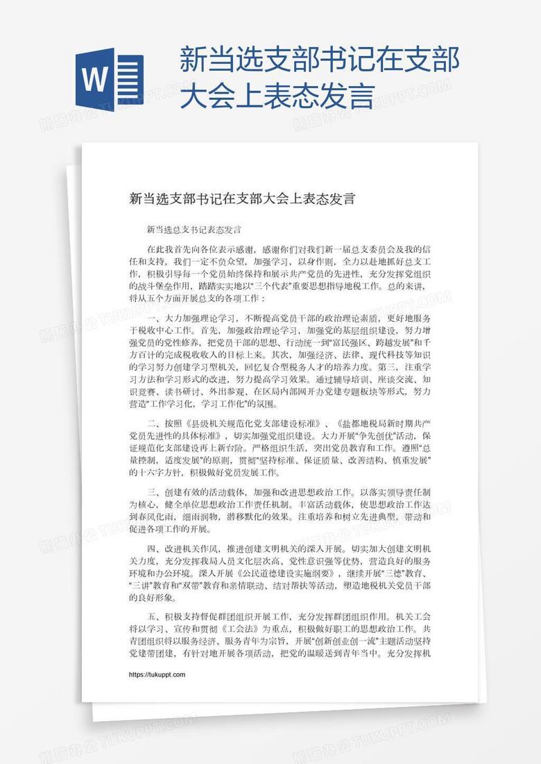 新当选支部书记在支部大会上表态发言