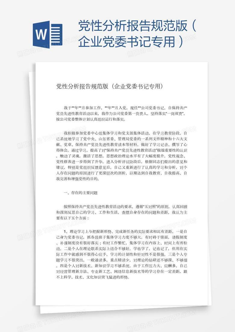 党性分析报告规范版（企业党委书记专用）
