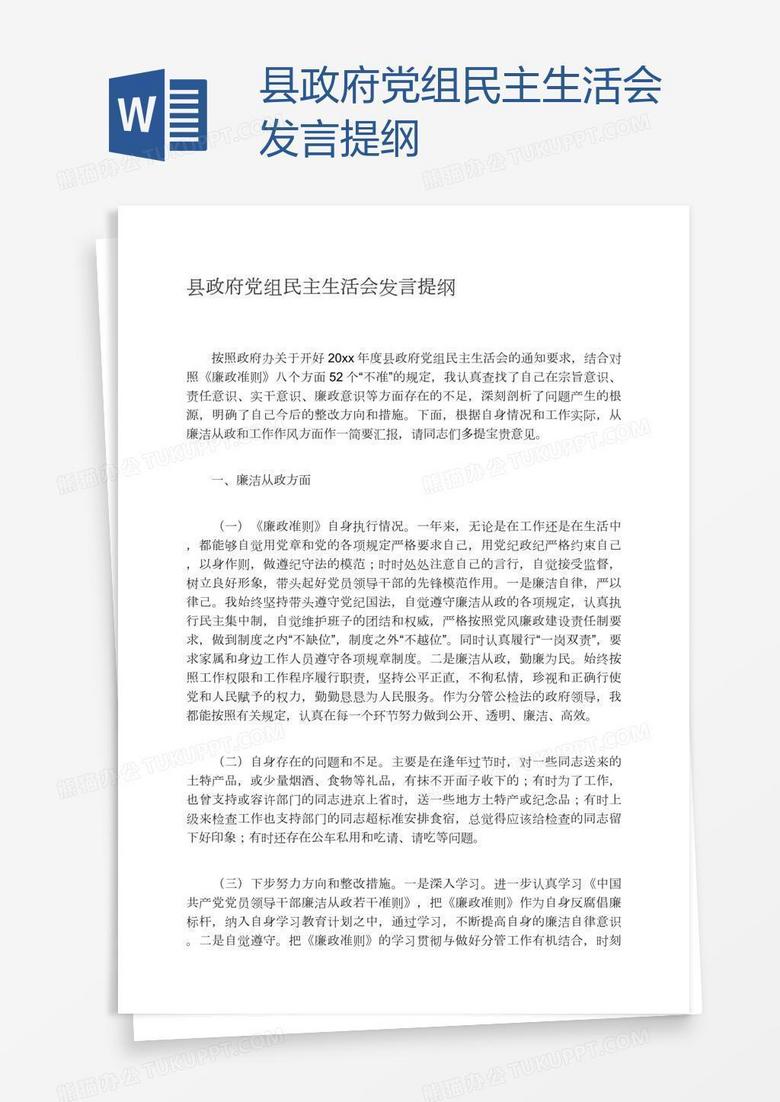县政府党组民主生活会发言提纲