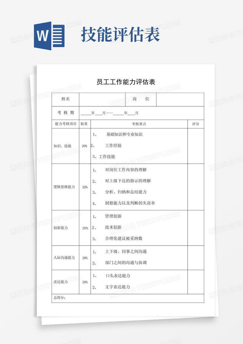 员工工作能力评估表Word模板下载_编号qxodwebp_熊猫办公