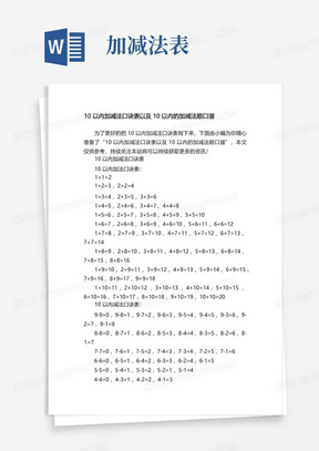 10以内加减法口诀表以及10以内的加减法顺口溜