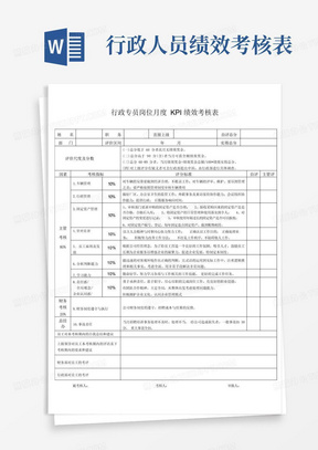 行政专员岗位月度KPI绩效考核表