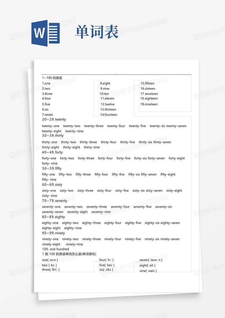 1--100的英语单词表Word模板下载_编号qbgxvjaw_熊猫办公