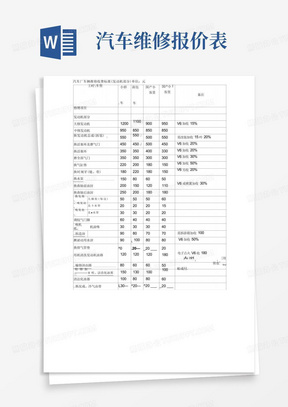 汽车维修价格表