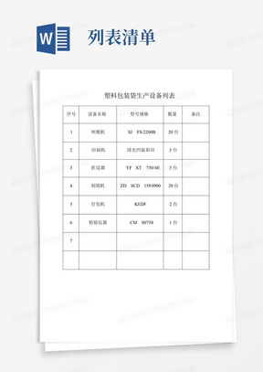 塑料包装袋生产设备列表清单(招投标用)