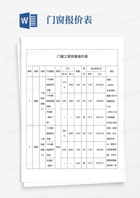 2023门窗价格预算报价表