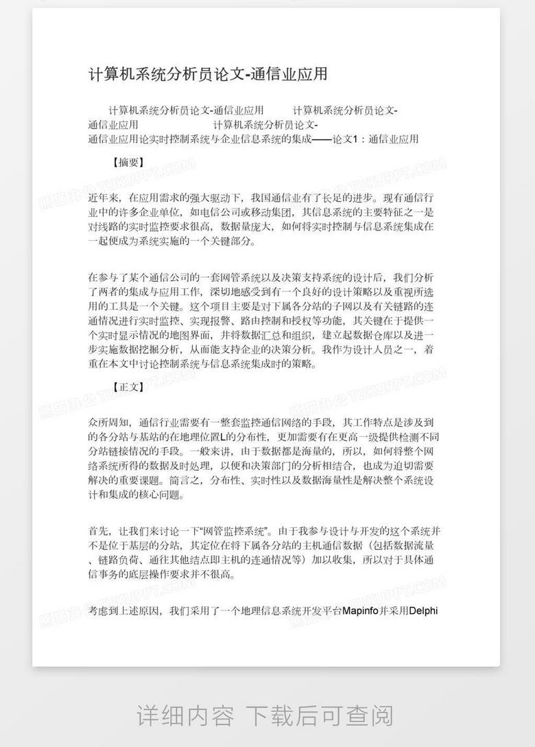 计算机系统分析员论文 通信业应用word模板下载 熊猫办公