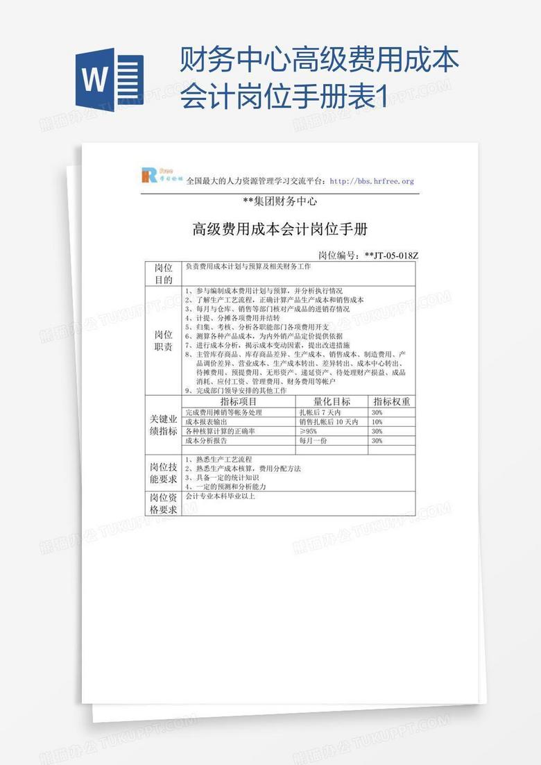 财务中心高级费用成本会计岗位手册表1