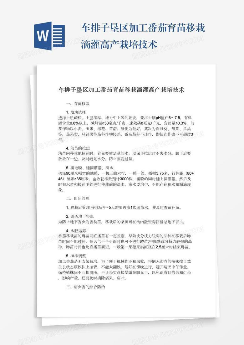 车排子垦区加工番茄育苗移栽滴灌高产栽培技术