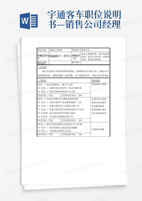 宇通客车职位说明书—销售公司经理