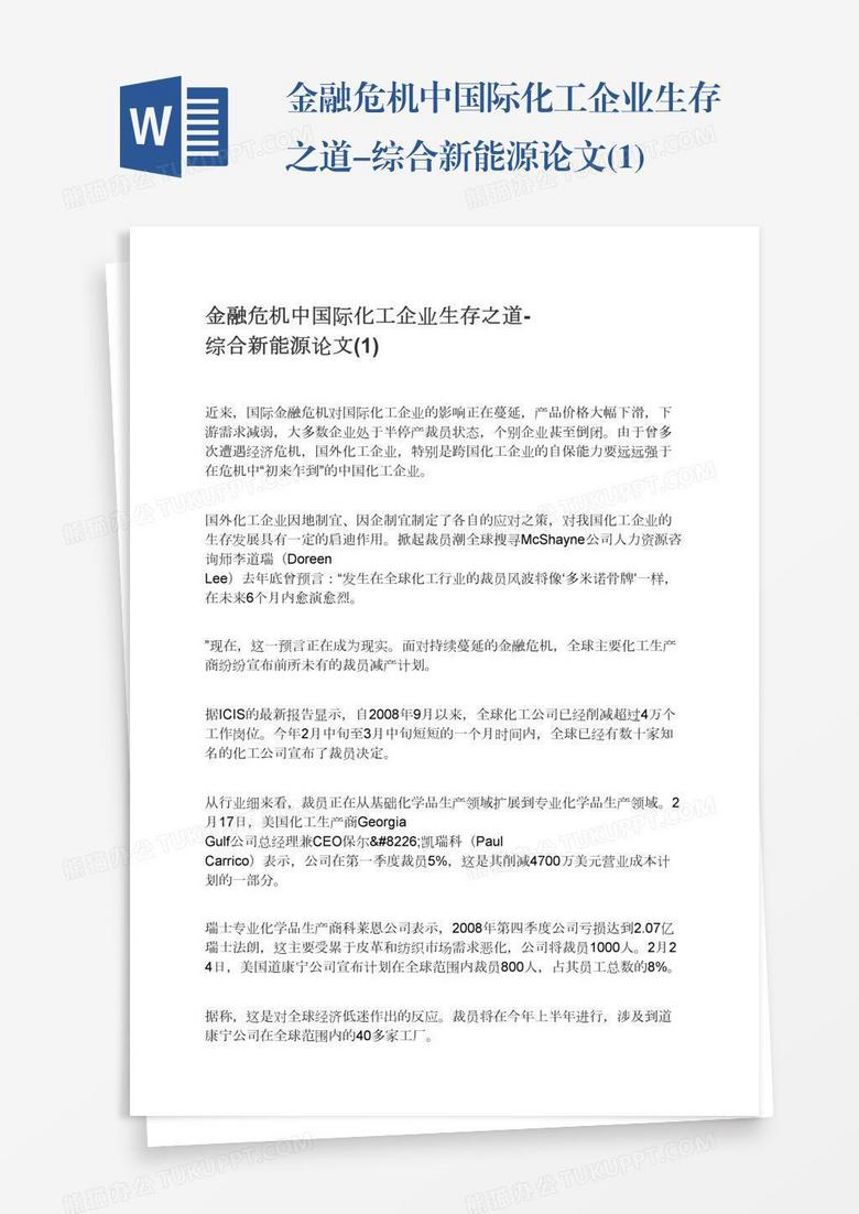 金融危机中国际化工企业生存之道-综合新能源论文(1)