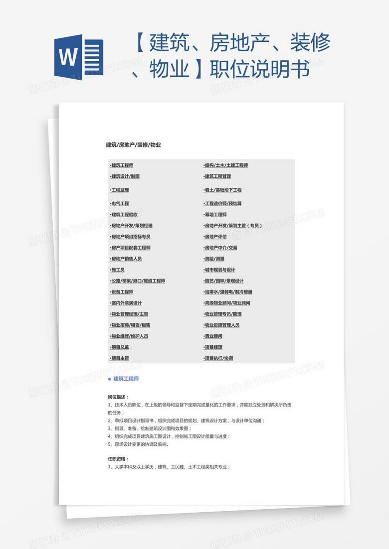 【建筑、房地产、装修、物业】职位说明书