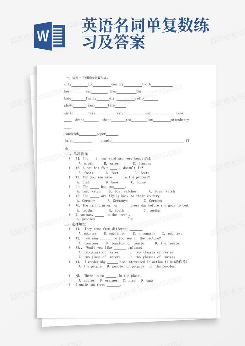 英语名词单复数练习及答案Word模板下载_编号qxzxjdmv_熊猫办公