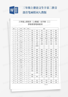 三年级上册语文生字表二拼音部首笔画组词人教版