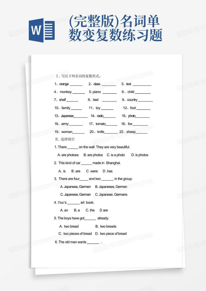 (完整版)名词单数变复数练习题Word模板下载_编号lgmdznwm_熊猫办公