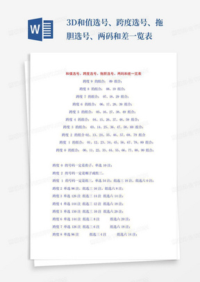 3D和值选号、跨度选号、拖胆选号、两码和差一览表