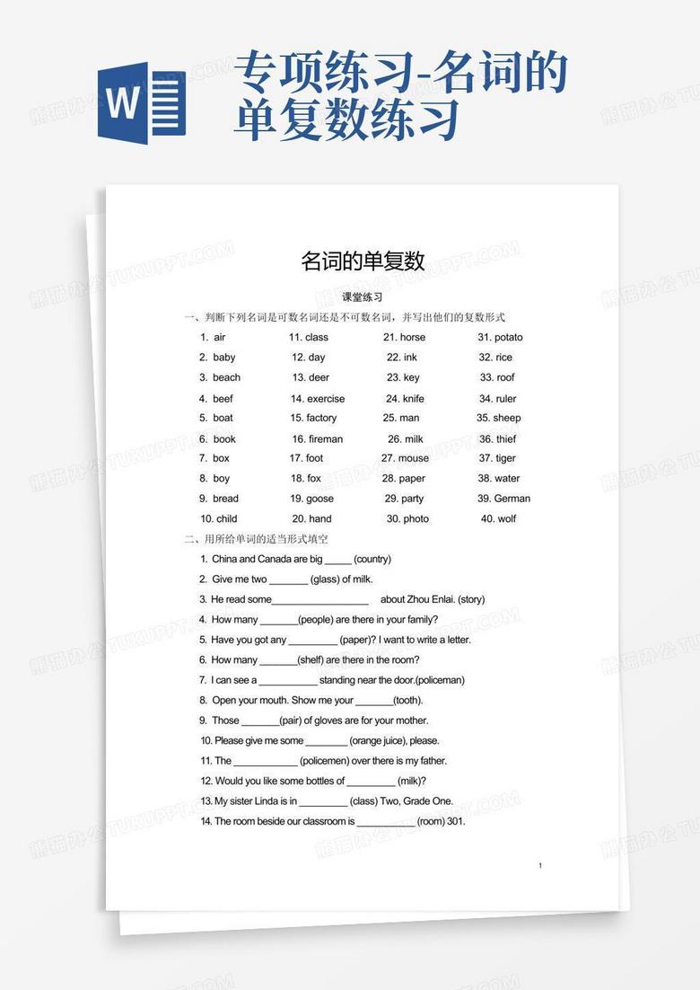 专项练习-名词的单复数练习Word模板下载_编号qrgwxmdb_熊猫办公