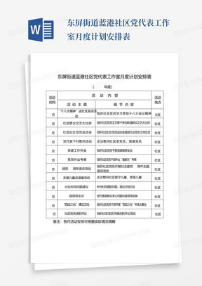 东屏街道蓝港社区党代表工作室月度计划安排表-