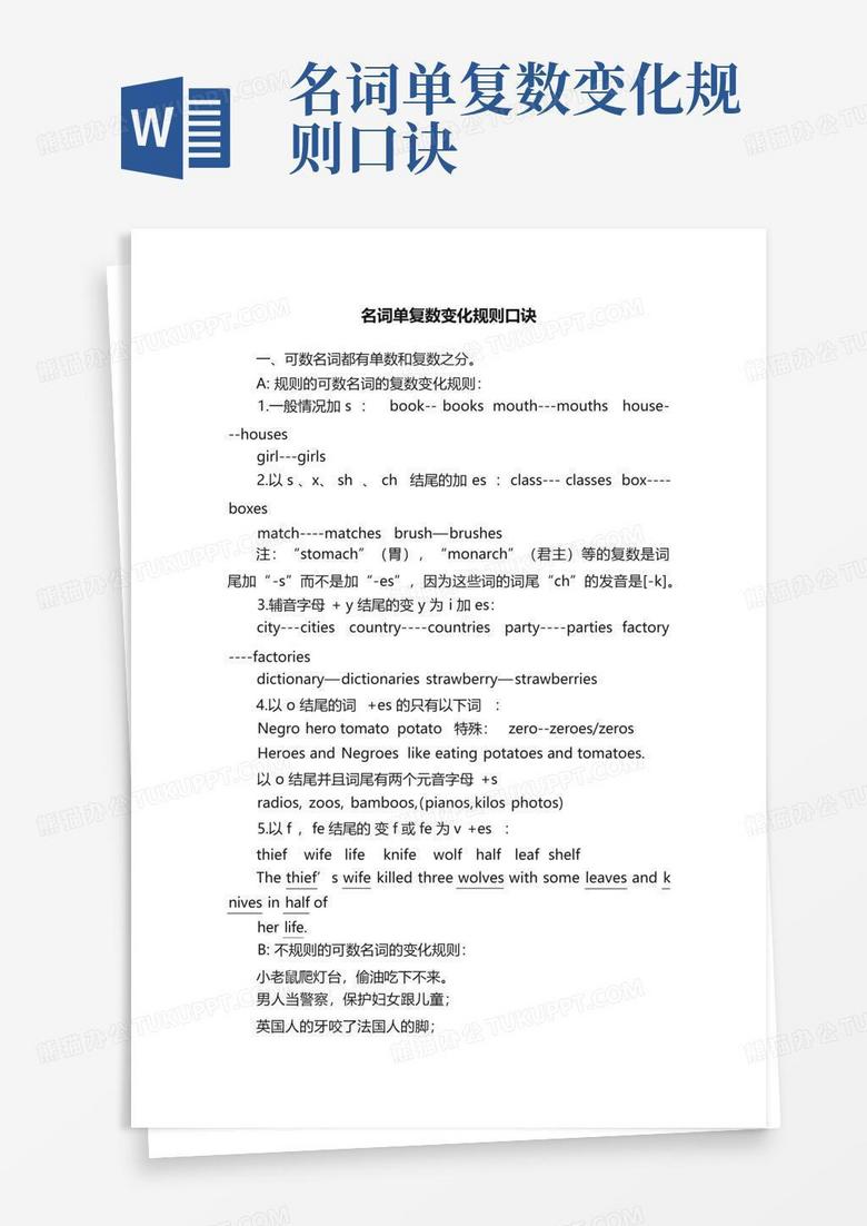名词单复数变化规则口诀Word模板下载_编号ldrxodmd_熊猫办公