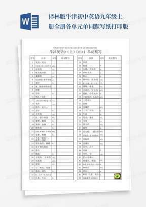 译林版牛津初中英语九年级上册全册各单元单词默写纸打印版