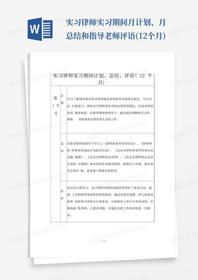 实习律师实习期间月计划、月总结和指导老师评语(12个月)