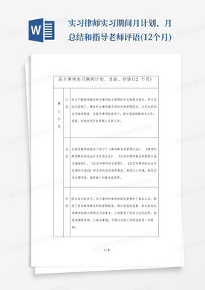 实习律师实习期间月计划、月总结和指导老师评语(12个月)