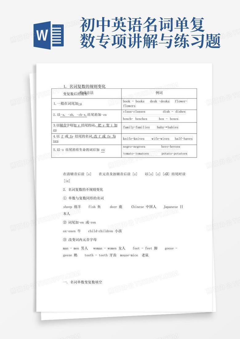 初中英语名词单复数专项讲解与练习题Word模板下载_编号qzmverpe_熊猫办公