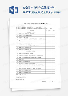 安全生产费用年度使用计划(2022年度)企业安全投入台账范本-