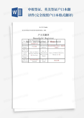 申根签证、英美签证户口本翻译件(完全按照户口本格式翻译)