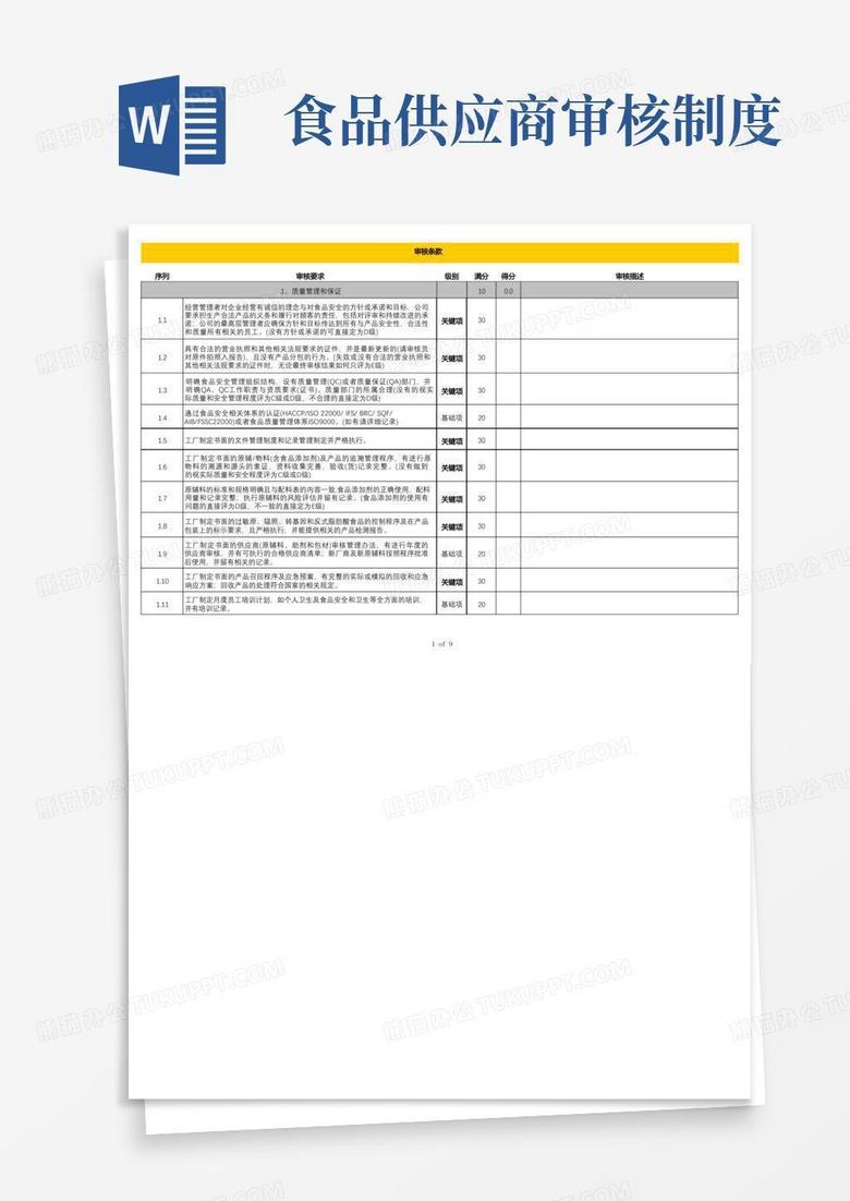 简易版食品供应商审核检查表
