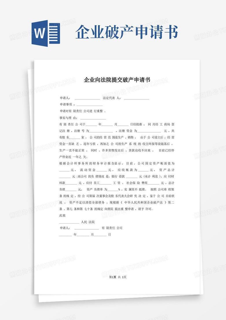 简易版企业向法院提交破产申请书
