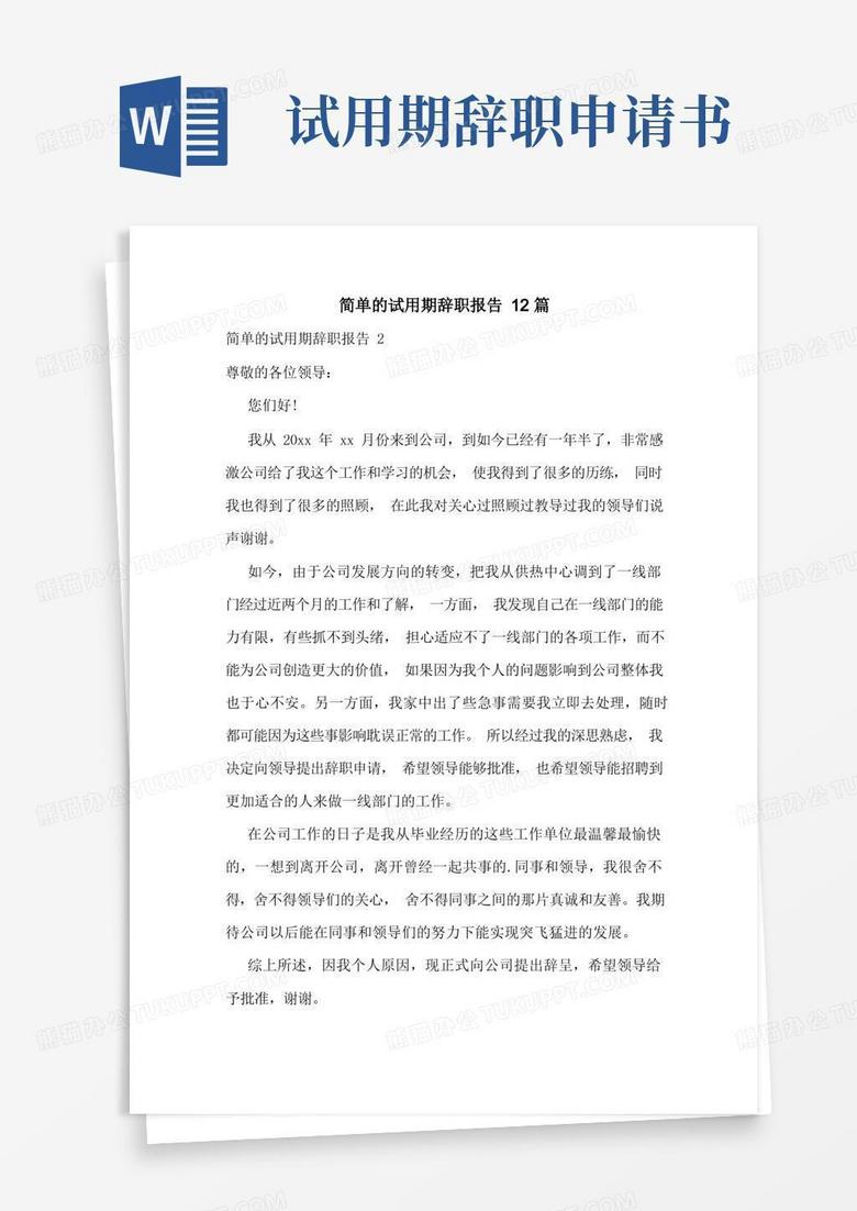 大气版简单的试用期辞职报告12篇