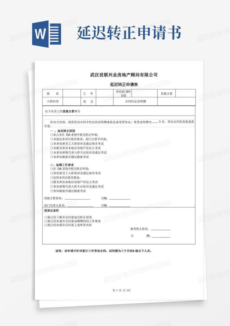 大气版延迟转正申请表