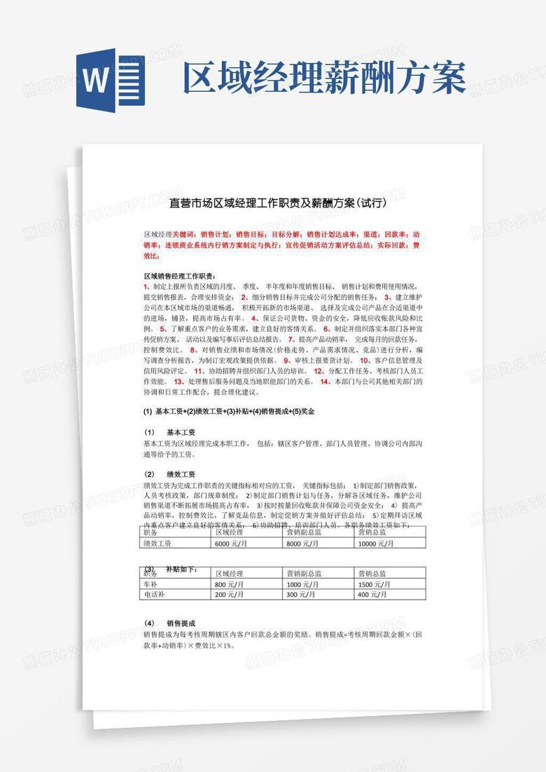 简易版直营市场区域经理工作职责及薪酬方案.新docx